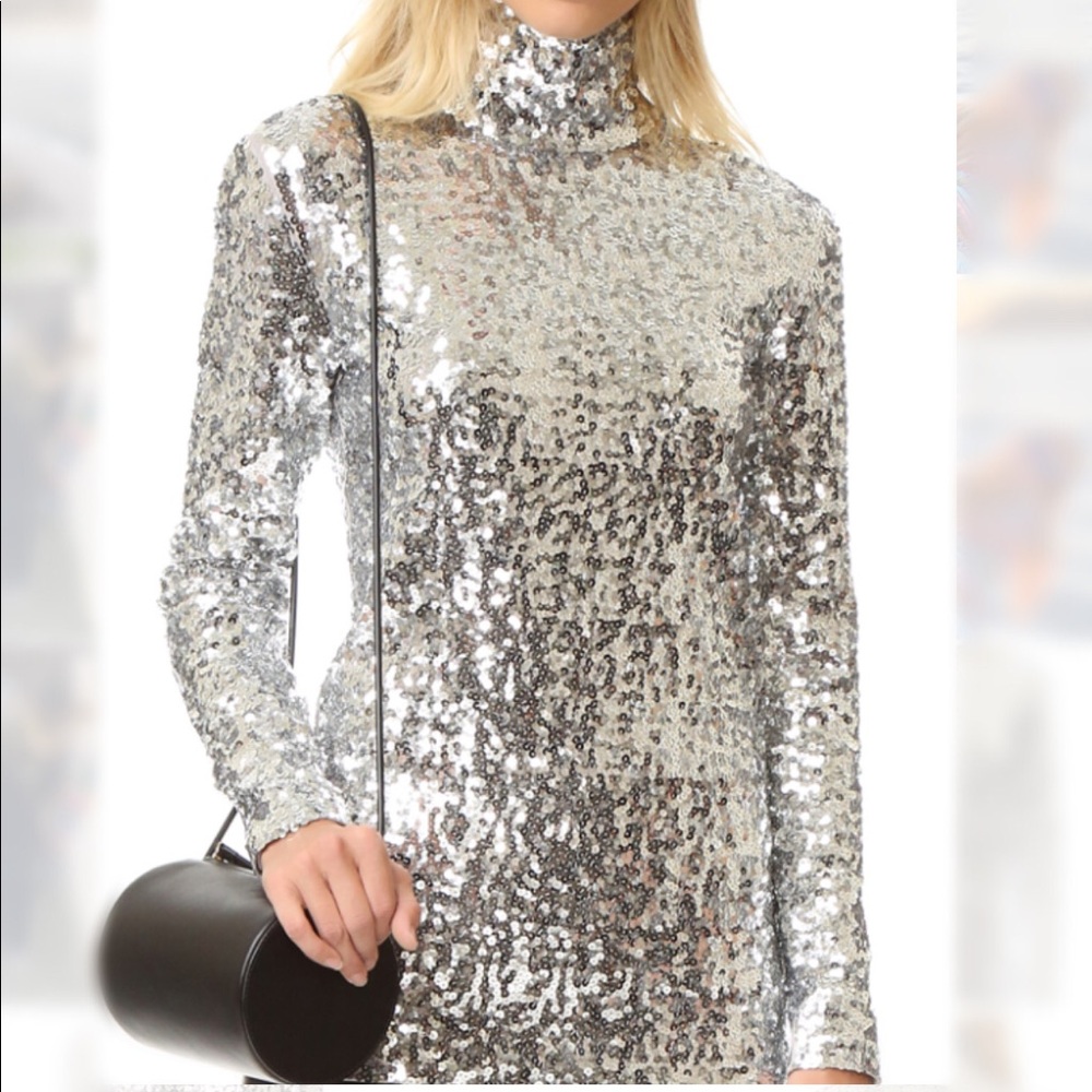 Long-sleeve Silver Sequined Turtleneck Top